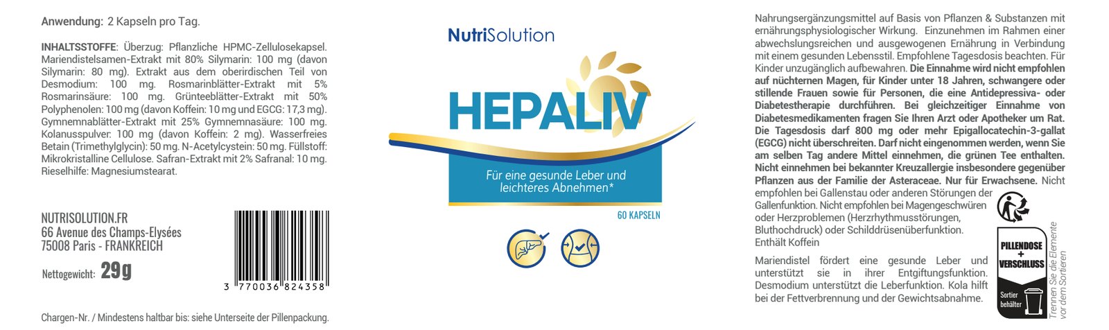 Offizielles deutsches Etikett von Hepaliv mit Zutatenliste und Mengenangaben pro Tagesdosis